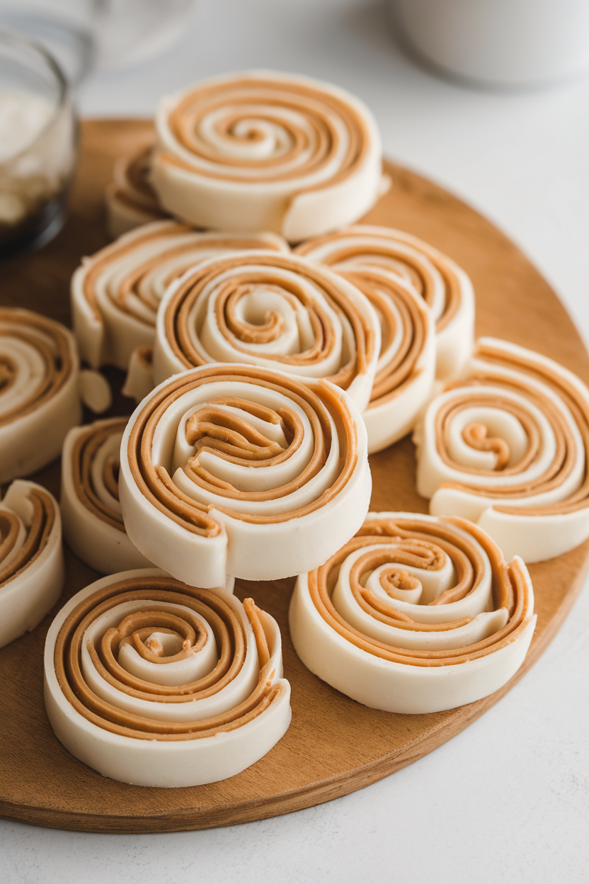 An indoor confectionery board with white potato candy pinwheels swirled with peanut butter, pieces neatly stacked. Photo, no text or logos.