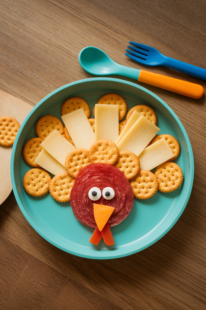 An indoor kid-size plate arranged with round crackers forming a turkey tail, slices of mild cheese for feathers, and a veggie slice face. Photo, no text or logos.