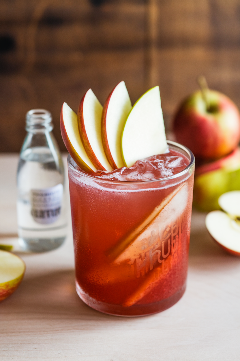 Indoor photo of tumbler with crimson shrub mocktail, apple fan garnish, tiny bottle of soda water beside; no text or logos.