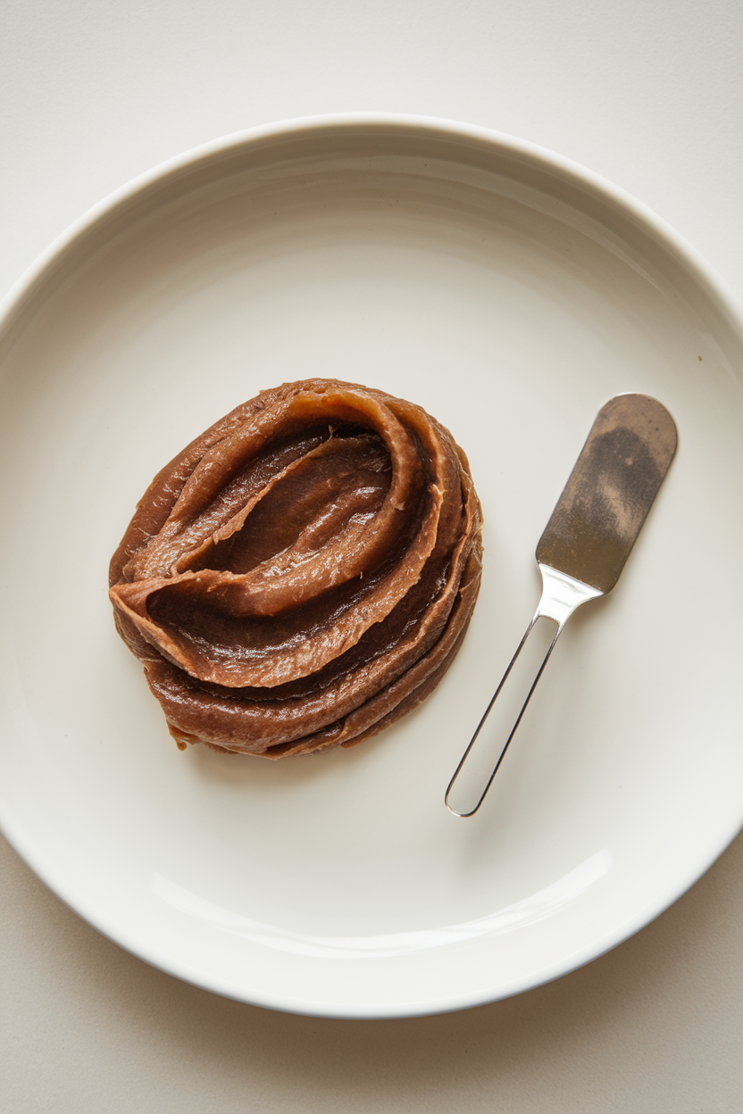 An indoor close-up of a small squeeze of brown anchovy paste on a white plate beside a tiny offset spatula, no text or logos, photo.