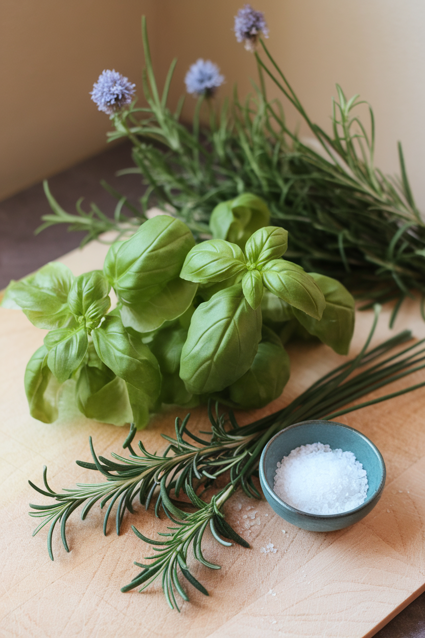 Photo of fresh basil, rosemary, and chives on an indoor cutting board next to a pinch bowl of coarse salt. No text or logos visible.