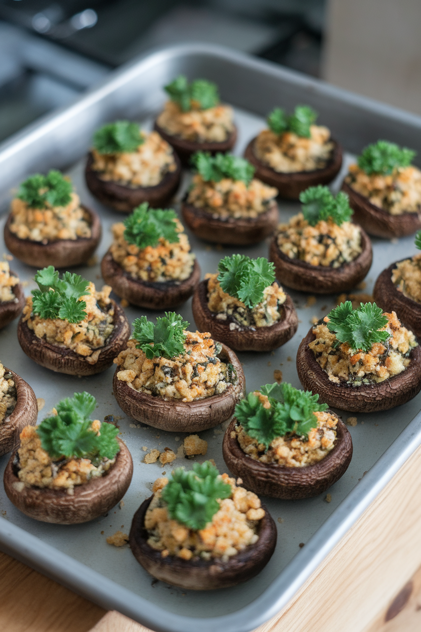 Indoor tray of small portobello mushroom caps filled with herb-garlic breadcrumbs, parsley on top. No logos.