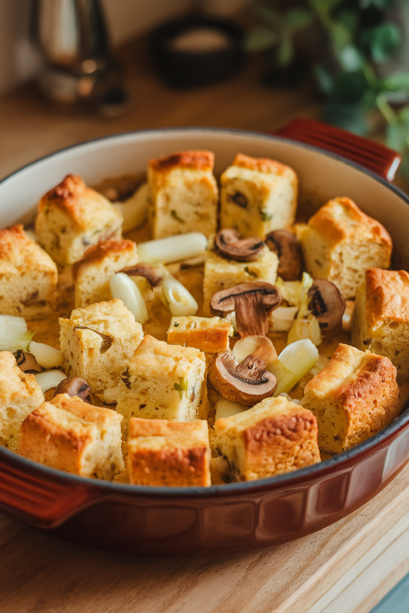 Indoor photo of savory bread pudding cubes studded with mushrooms and leeks in a ceramic baking dish. No text or logos.