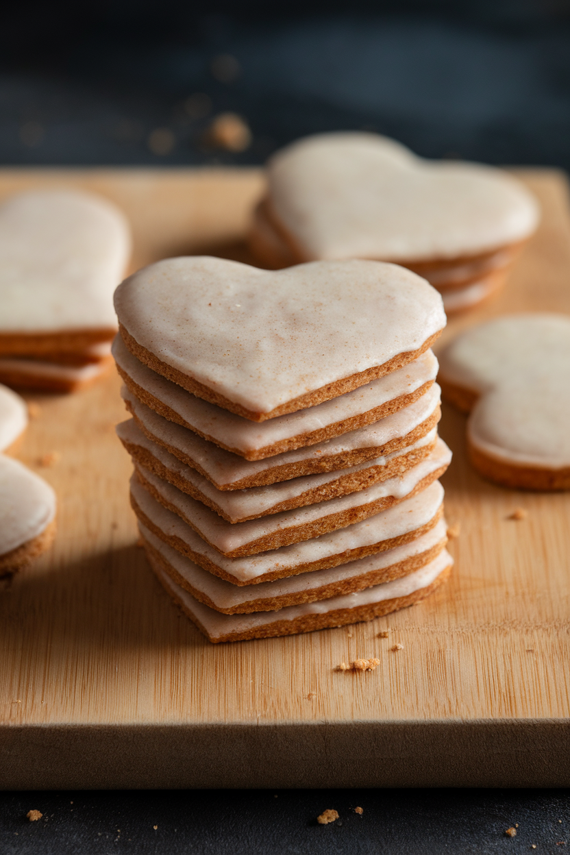 Indoor cutting board with thin heart-shaped spiced cookies, lightly glazed, stacked neatly. Photo, no text or logos.