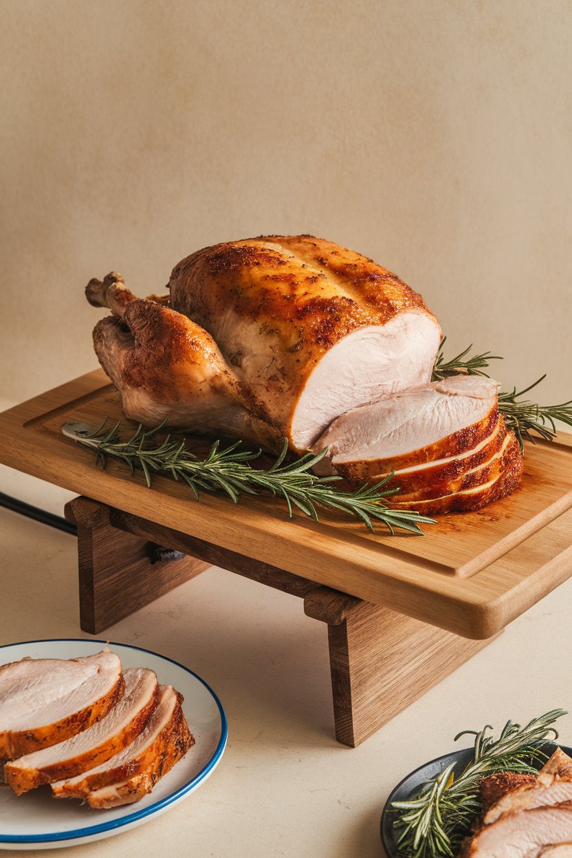 An indoor carving board with sliced roasted turkey breast garnished with rosemary sprigs. Photo, no text or logos.