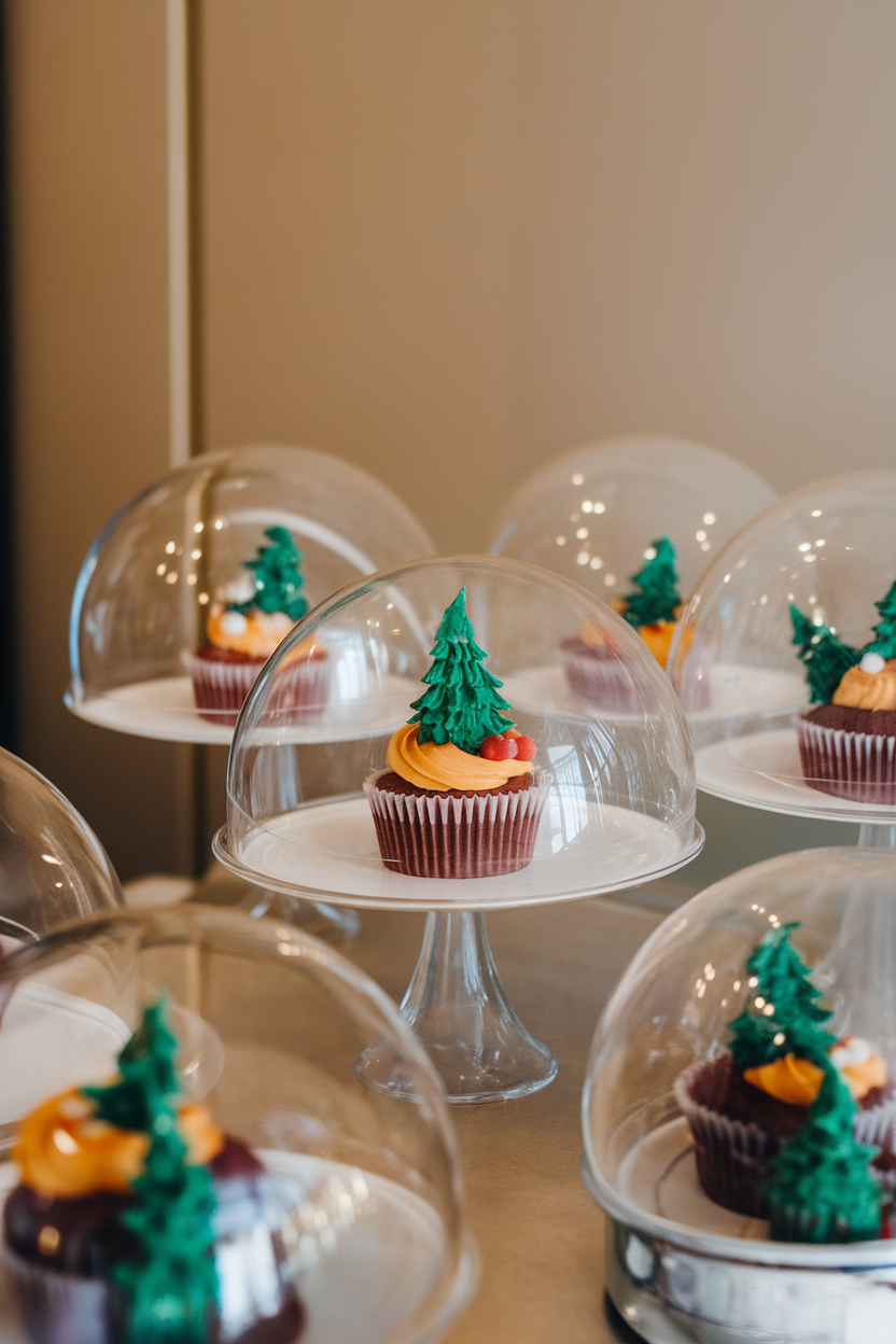 Photo of indoor pastry counter with cupcakes encased in clear gelatin half-spheres containing tiny fondant trees, no text or logos.