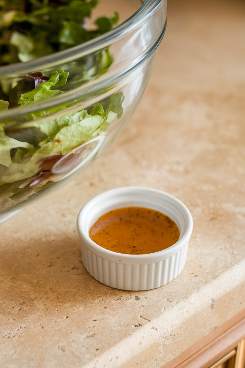 A small ramekin containing exactly two tablespoons of vinaigrette next to a large salad bowl on an indoor countertop. No brand names visible.