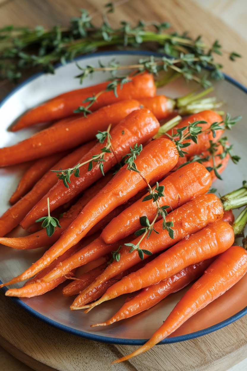 Photo of glazed baby carrots sprinkled with fresh thyme leaves on an indoor platter. No text or logos.