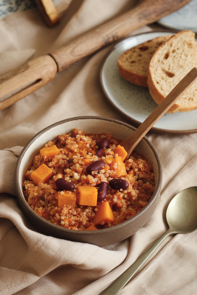 Cozy indoor setting with a bowl of orange-hued chili featuring quinoa, butternut squash cubes, and kidney beans. No text or logos.