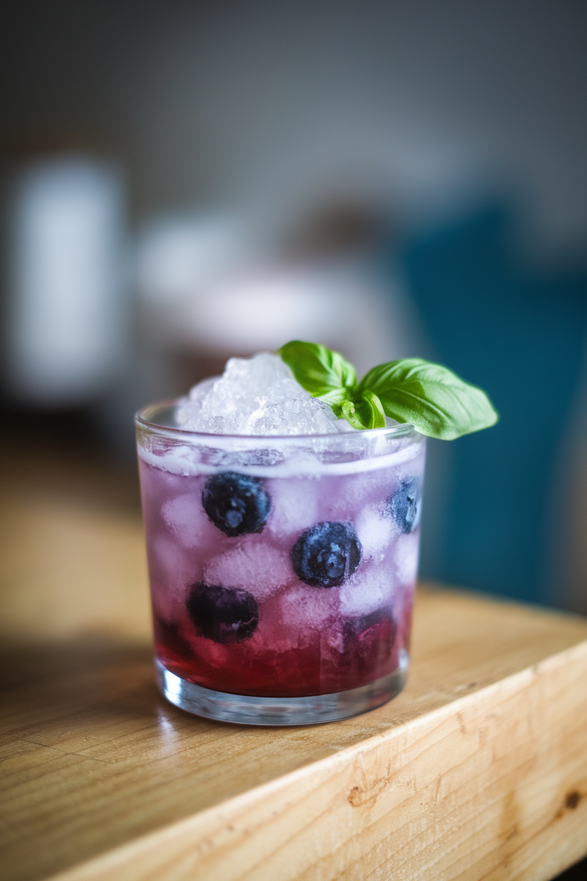 Indoor photo of a rocks glass with purple blueberry basil mocktail, crushed ice mound, basil leaf garnish; no text or logos.
