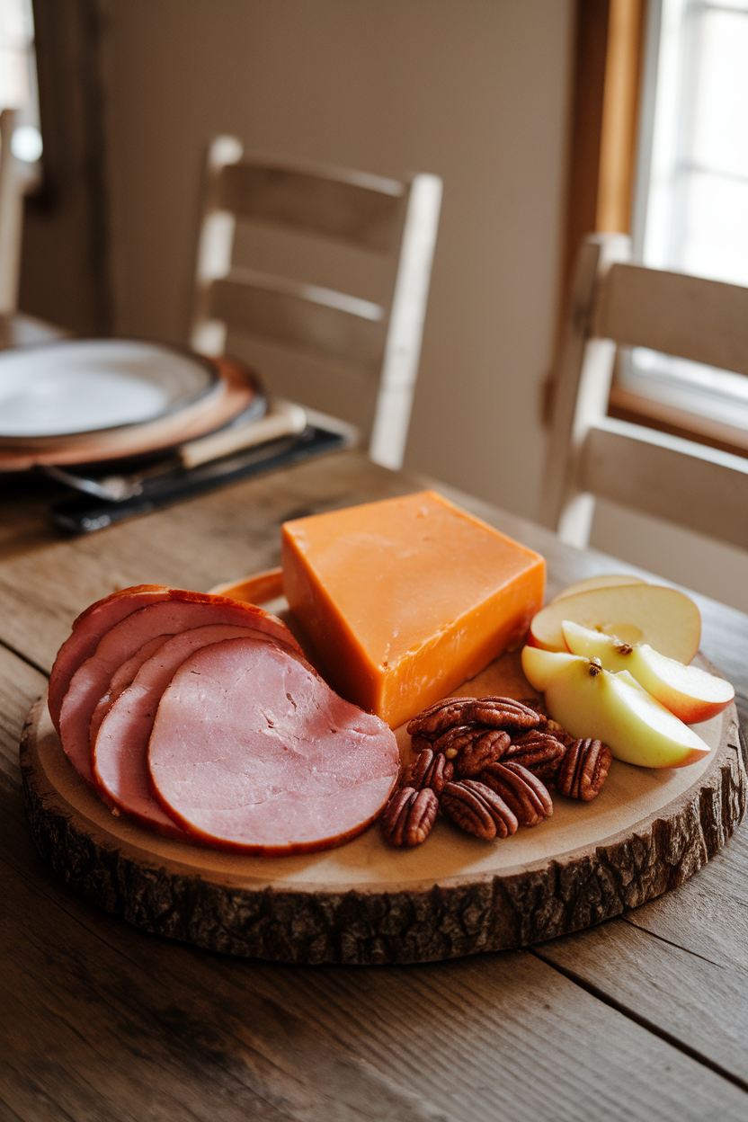 Photo of a wooden board on a farmhouse dining table with country ham slices, smoked cheddar, apple wedges, and spiced pecans; indoor daylight, no text or logos