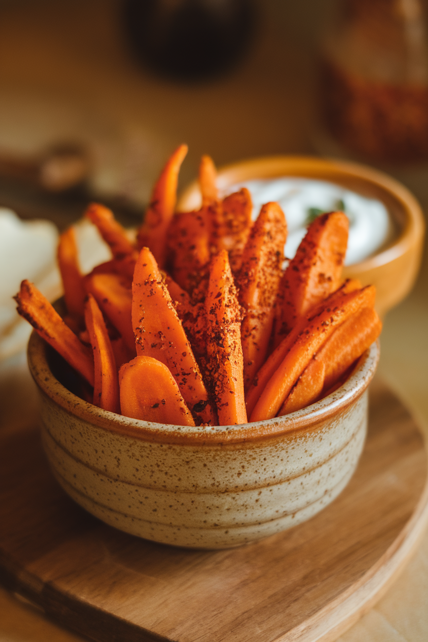 Photo of an indoor ceramic bowl of roasted carrot fries dusted with cumin and paprika, yogurt dip beside it; warm lighting, no text or logos