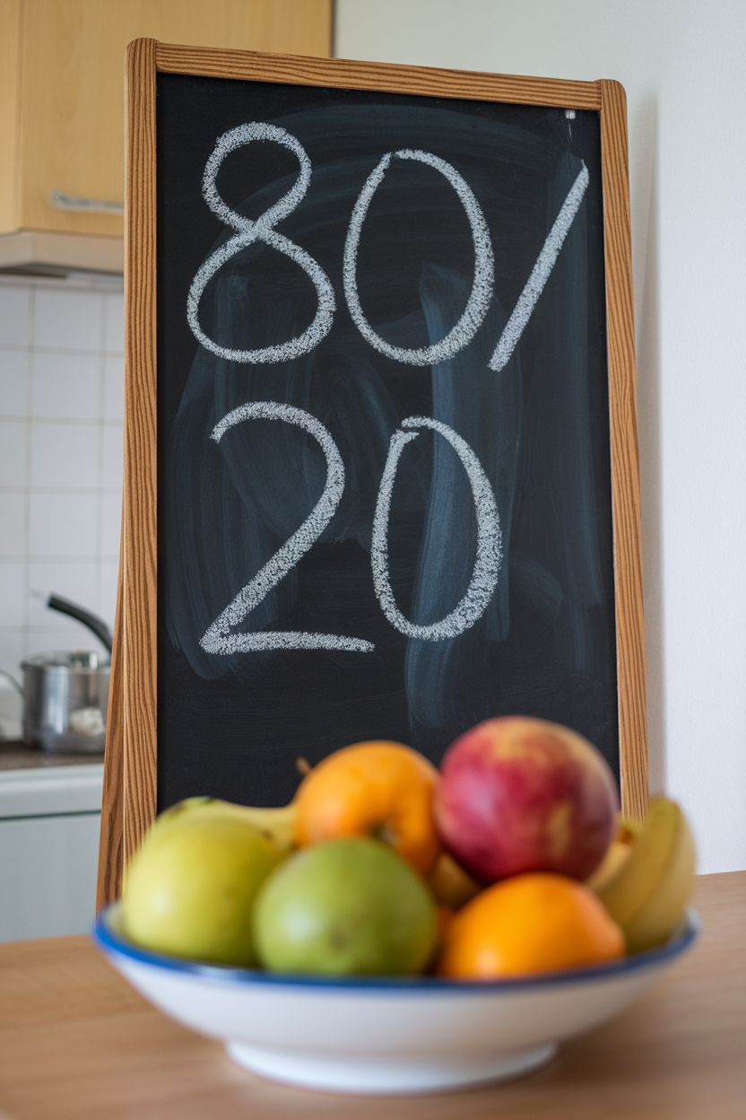 An indoor kitchen chalkboard showing “80/20” written in chalk next to a bowl of fruit—note: numbers blurred so no readable text, photo, no logos.