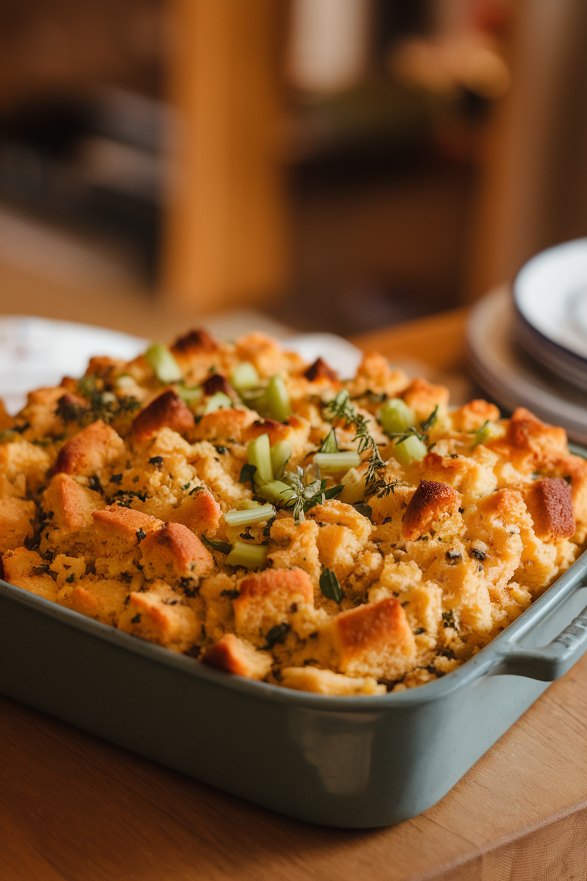 A baking dish of cornbread stuffing dotted with celery and herbs, golden on top, placed on an indoor table. No text or logos. Photo.