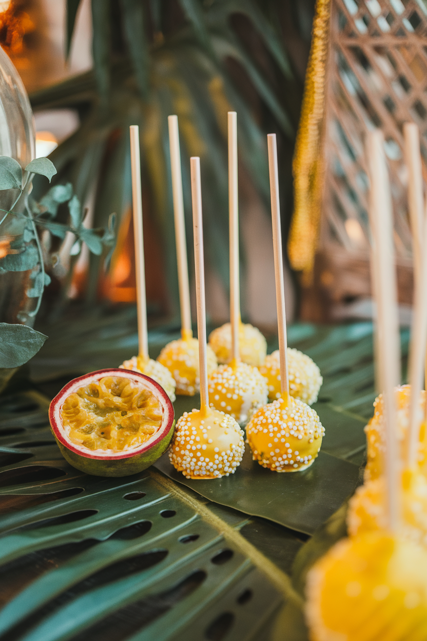 Photo, not illustration. Indoor tropical-themed party table. Vibrant yellow-orange cake pops with tiny white nonpareils, placed next to halved passionfruit. No text or logos present.