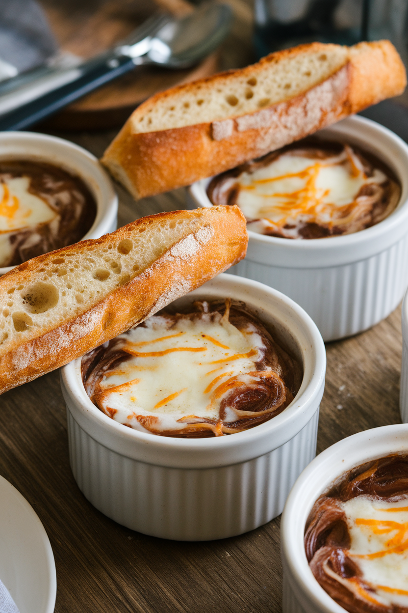 Indoor ramekins filled with bubbling French onion soup capped by toasted baguette and melted Gruyère; no text or logos