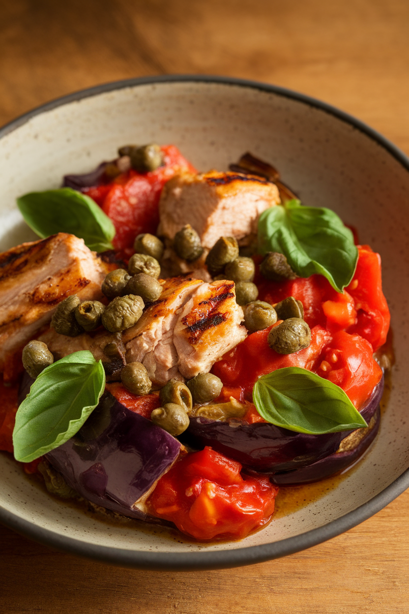 An indoor shallow bowl containing stewed eggplant, tomato, capers, and grilled chicken chunks, garnished with basil. No logos or text. Photo only.