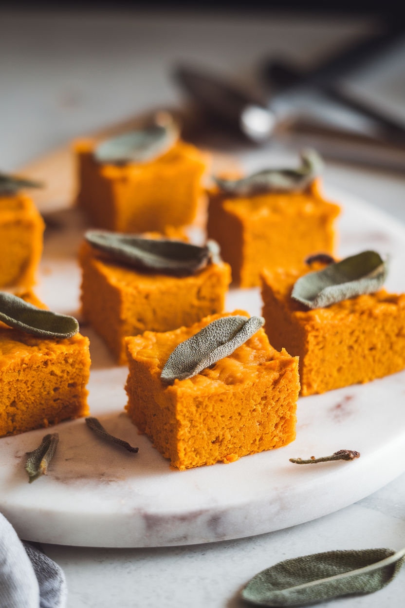 Indoor photo of golden baked pumpkin polenta squares garnished with crispy sage leaves, arranged on a marble board. No visible text or logos.