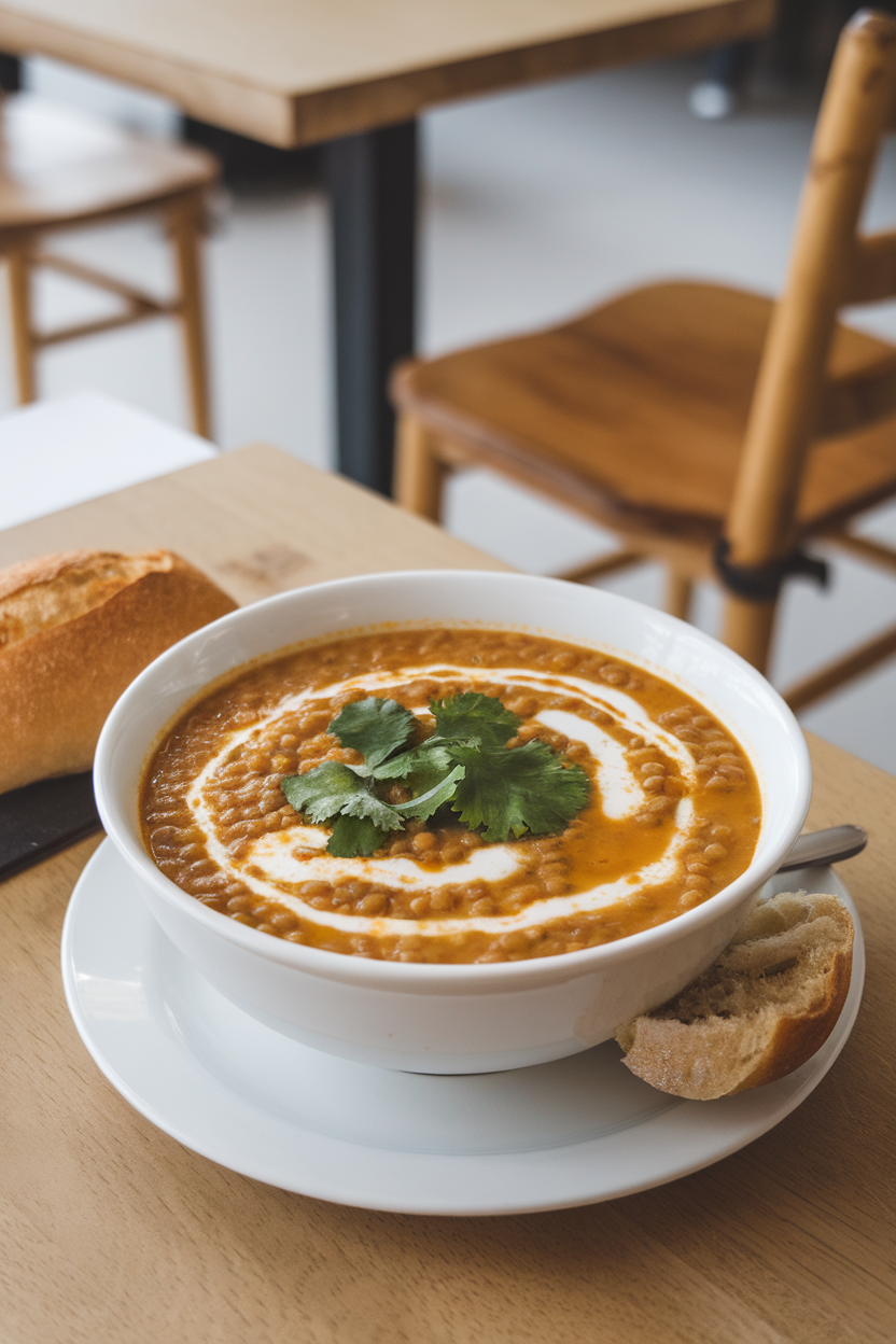 Indoor soup bowl filled with golden lentil soup swirled with coconut milk, topped with cilantro. No branding visible. Photo.
