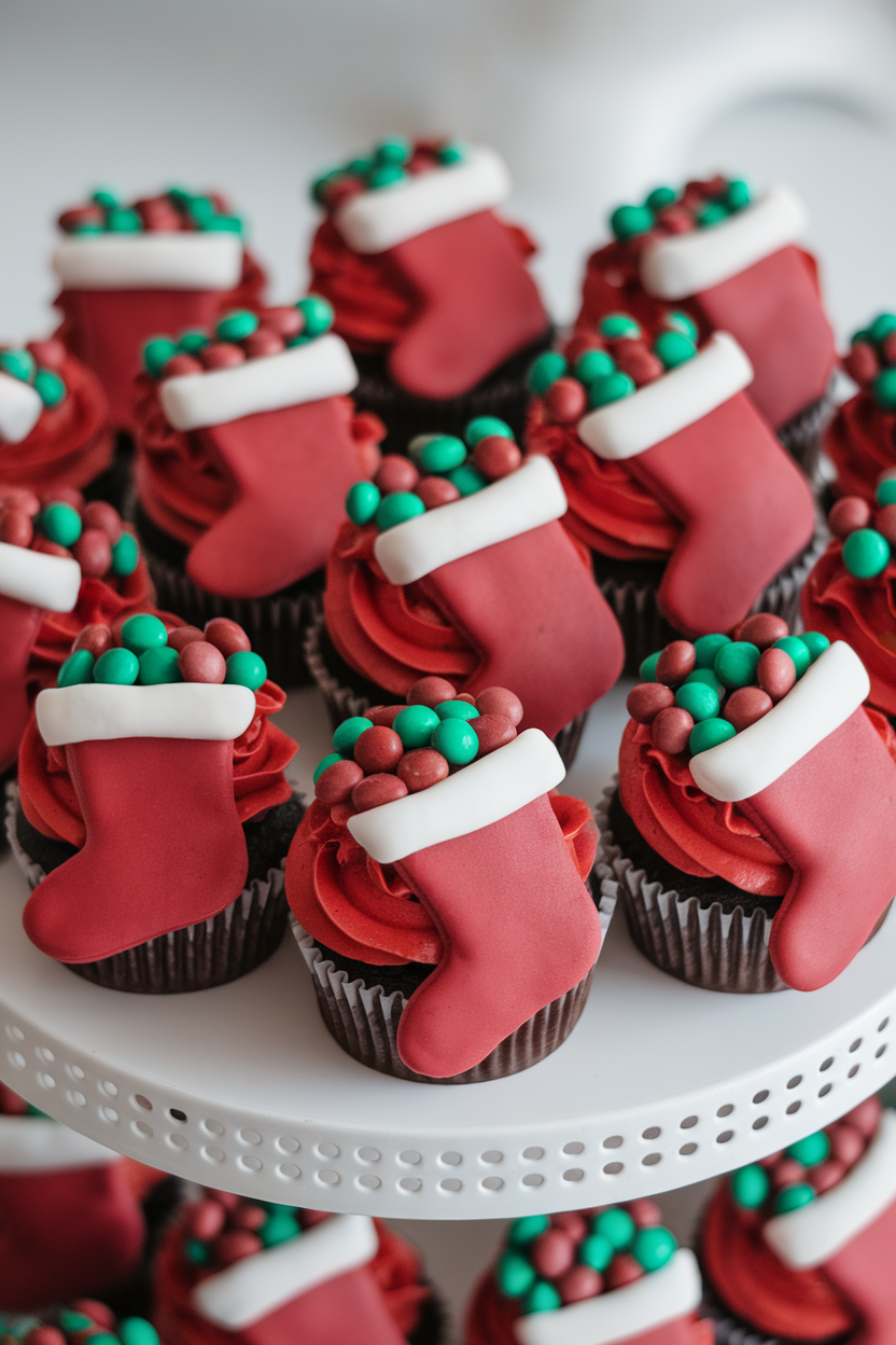 Photo of indoor cake stand with cupcakes frosted in red buttercream and fondant stocking shapes filled with mini candy pieces spilling out, no text or logos.