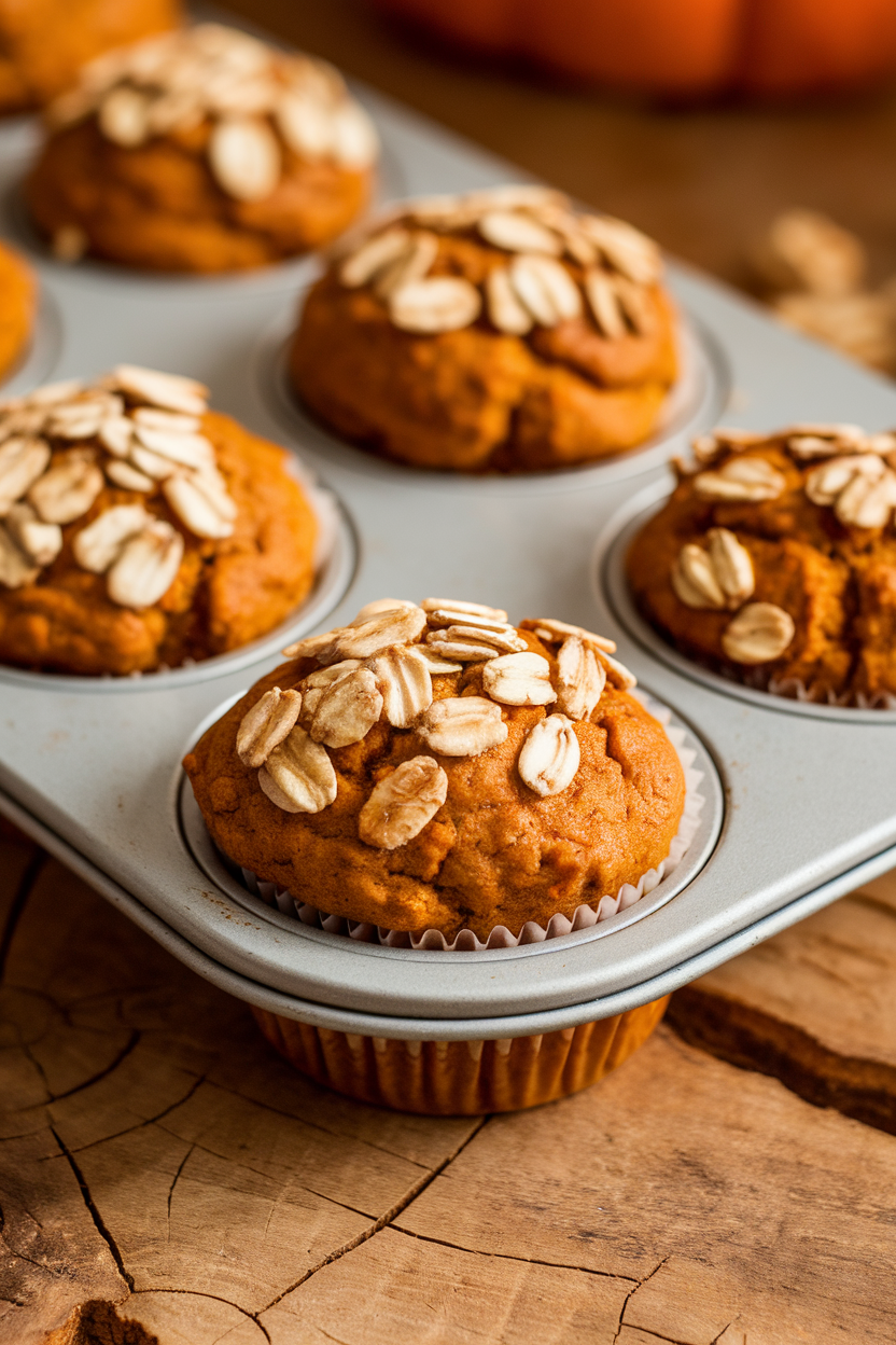 Indoor photo of pumpkin spice muffins topped with a light sprinkle of rolled oats, warm autumnal lighting, no text or logos