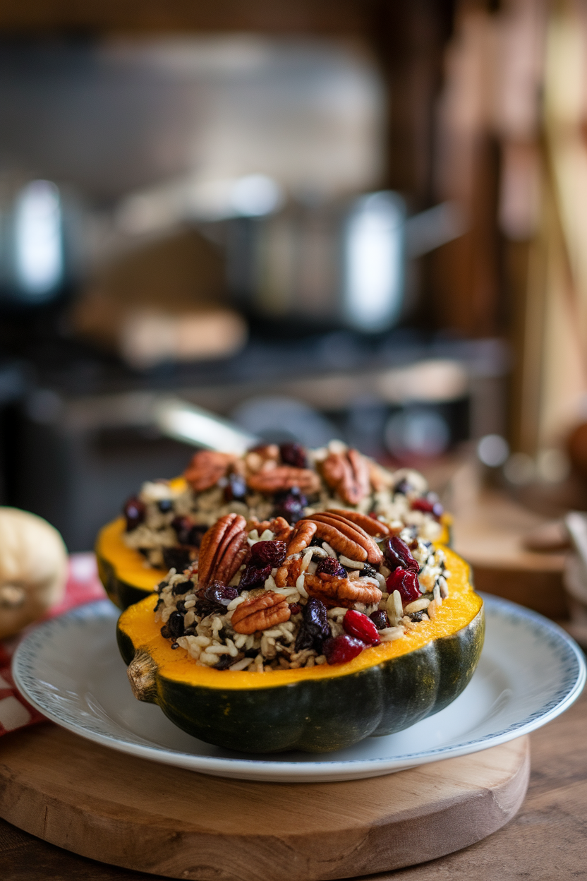 A plate indoors featuring halved acorn squash overflowing with wild rice, cranberries, and pecans. No text or logos. Photo.