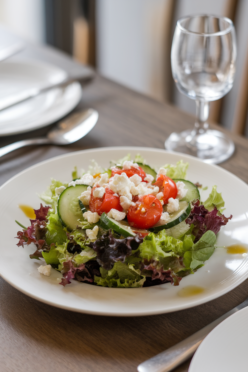 Photo prompt: An indoor dining table set with a small mixed-greens starter salad, light vinaigrette glistening, no text or branding.