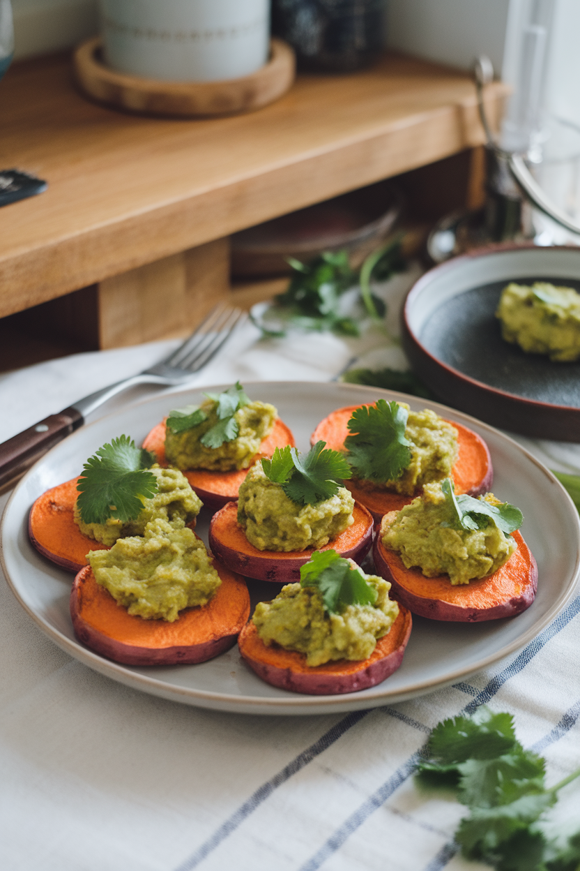 A cozy indoor table featuring roasted sweet potato discs crowned with spoonfuls of chunky guacamole and cilantro leaves—photo, no text or logos.