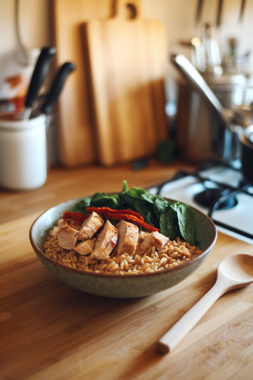 Indoor kitchen counter displaying a bowl of whole-wheat orzo, grilled chicken pieces, sun-dried tomato strips, and baby spinach — no text or logos