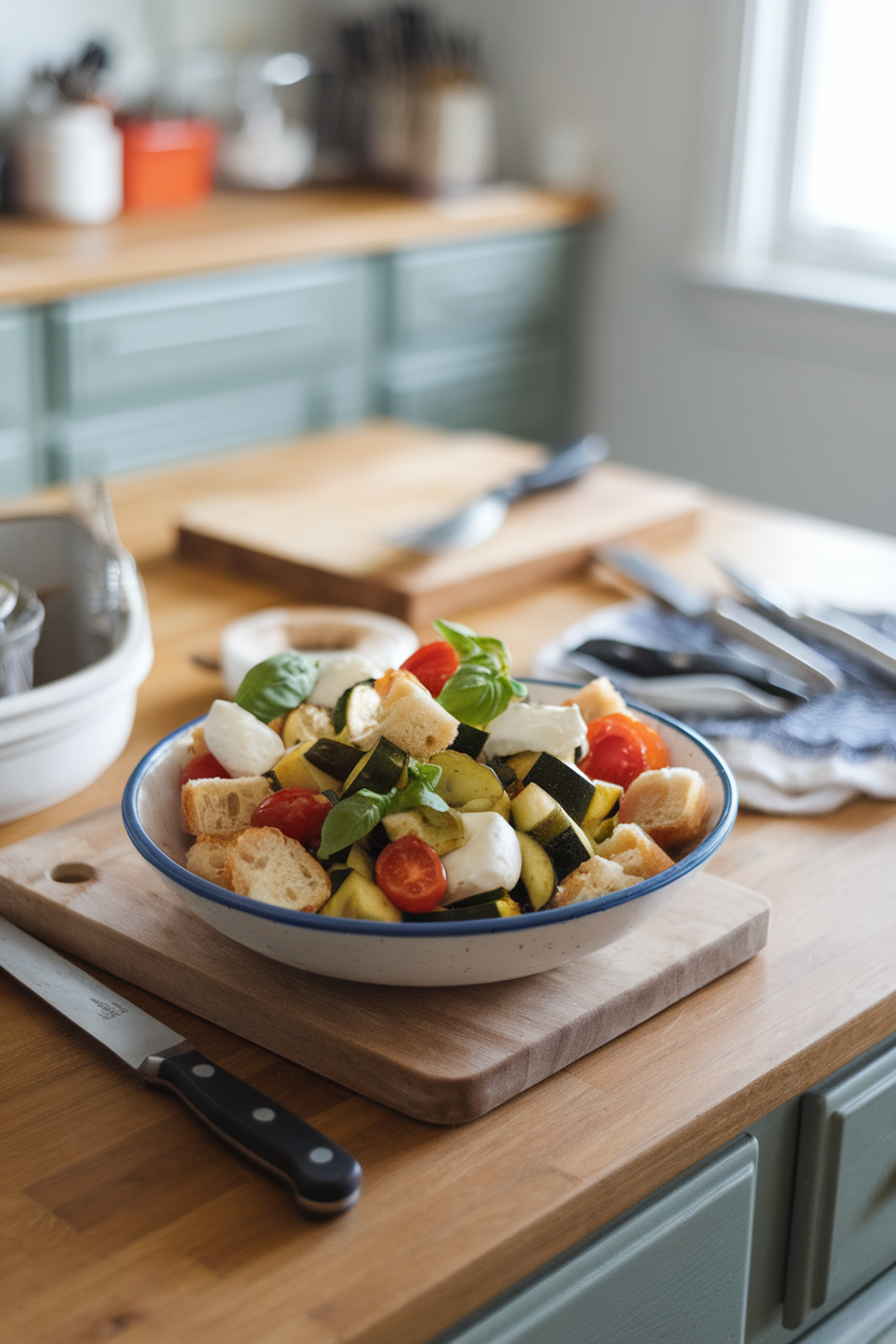 Photo of an indoor kitchen island with crusty bread cubes tossed with roasted zucchini, cherry tomatoes, basil, and mozzarella in a bowl. No logos or text.