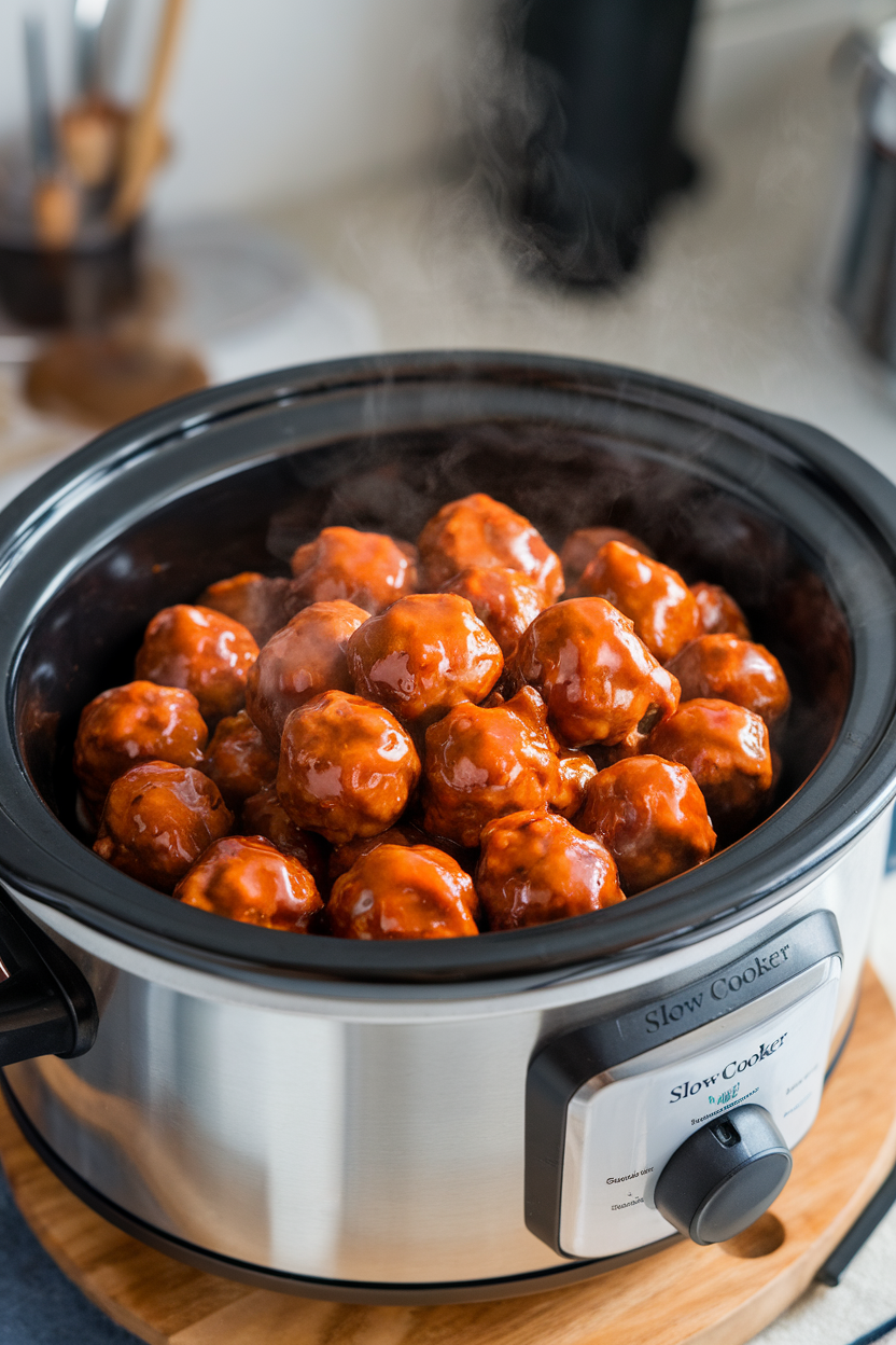 Indoor photo of a slow cooker insert filled with glazed meatballs coated in a sticky red-brown sauce, steam drifting upward. No text or logos on cooker.