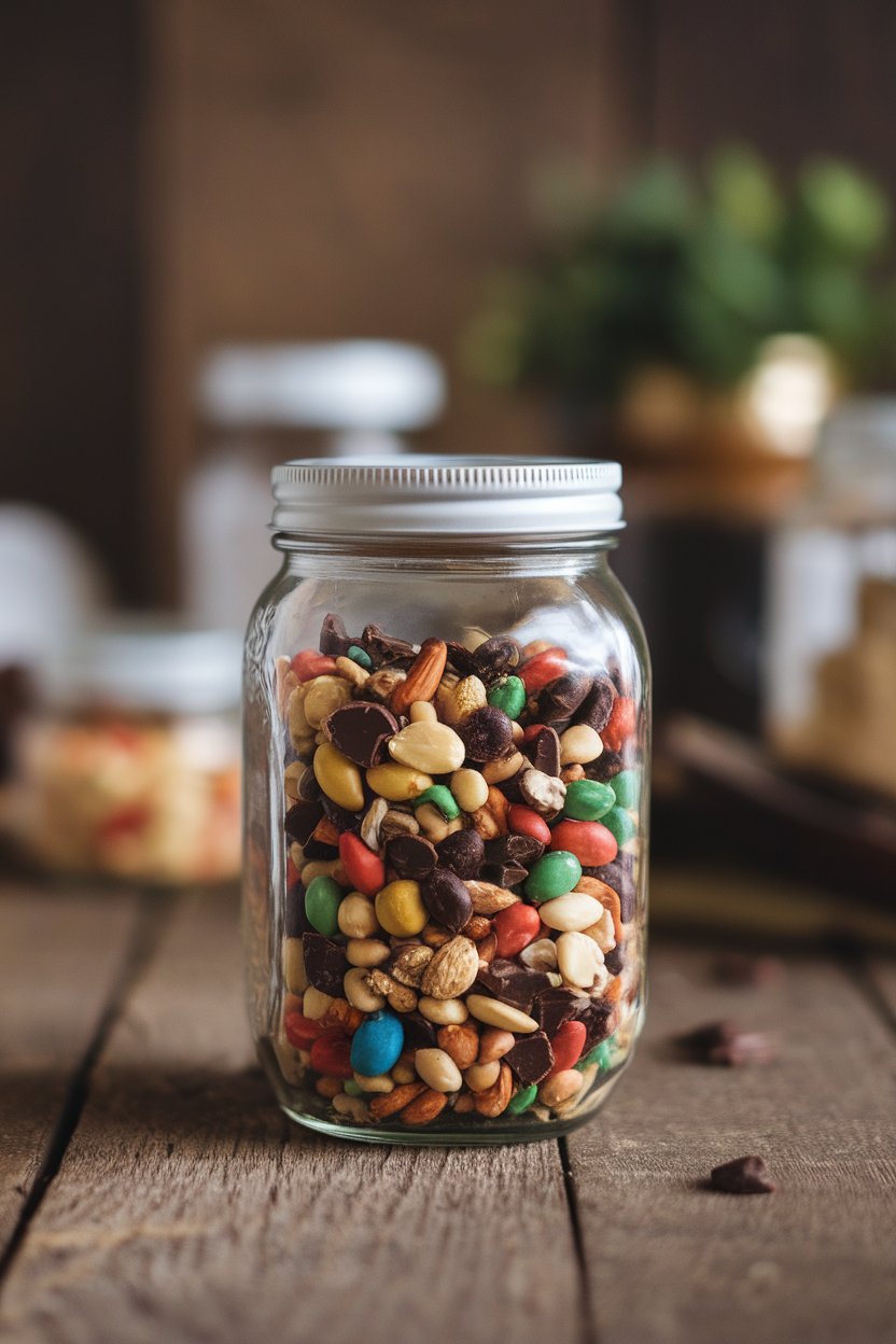 Indoor mason jar filled with colorful trail mix of nuts, seeds, and dark chocolate chunks; rustic tabletop, no text or logos.