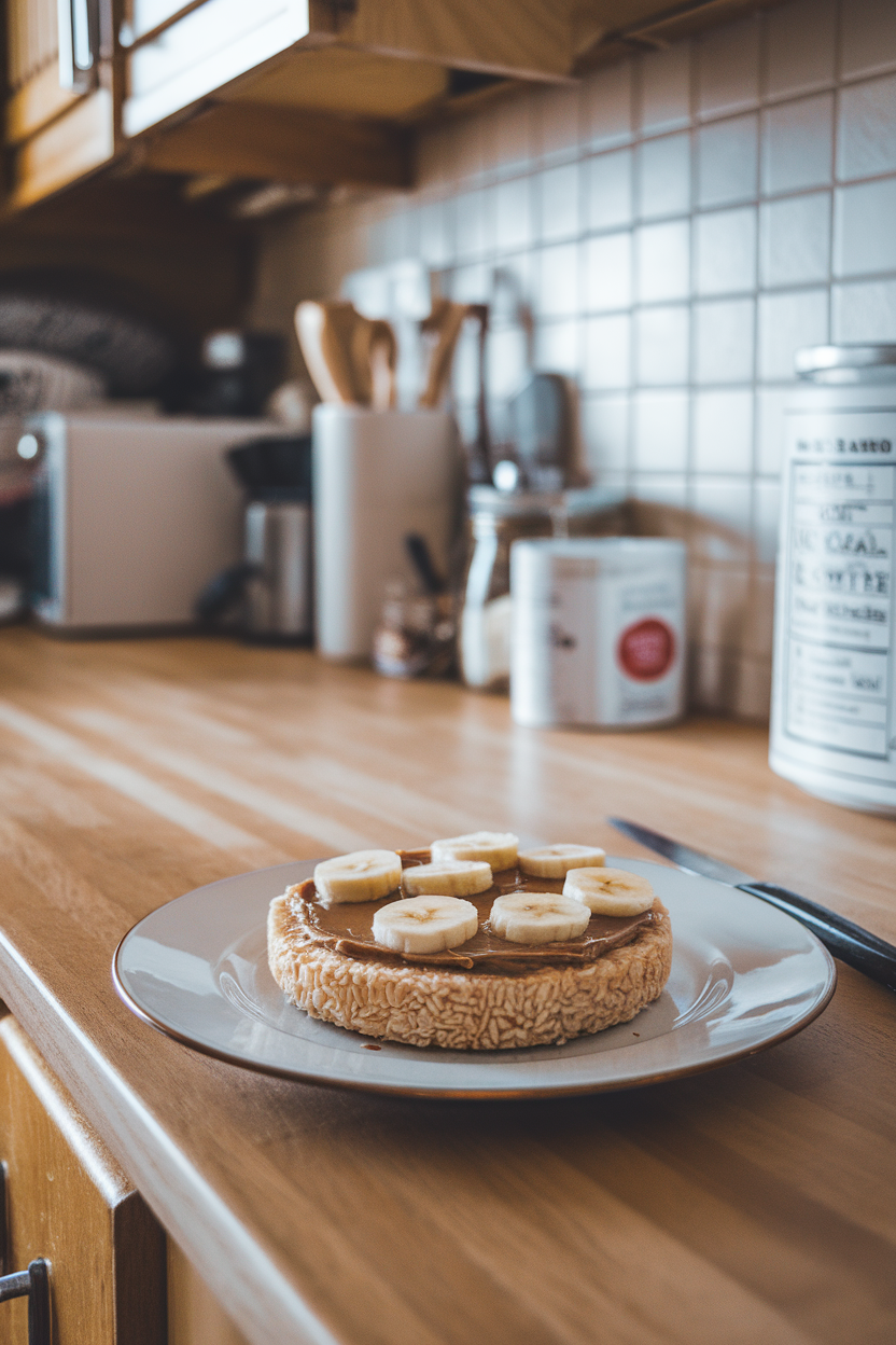 A rice cake topped with almond butter and banana slices on a kitchen counter indoors; no text or logos; photo