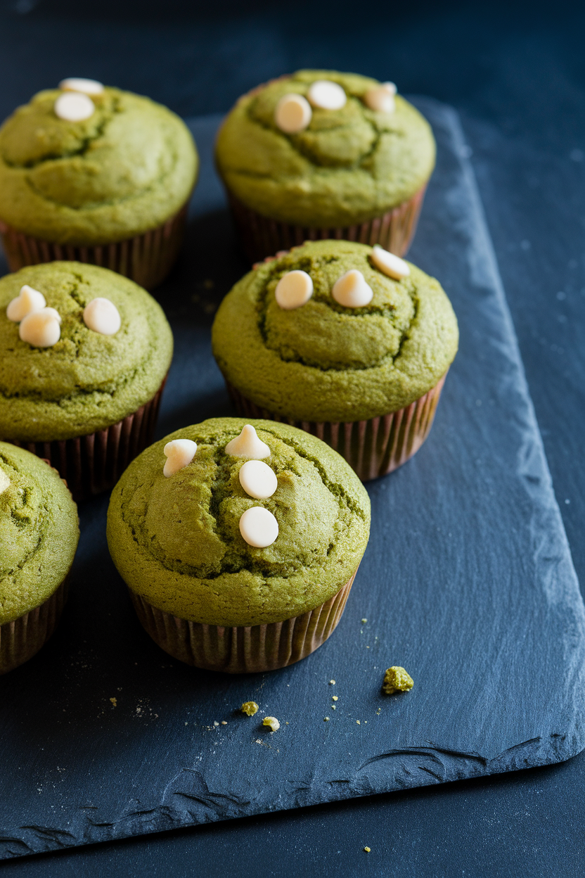 Indoor photo of vibrant green matcha muffins with a few white chocolate chips visible, set on a slate board, no text or logos