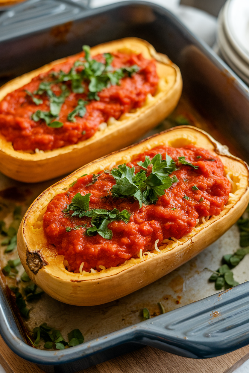 Half spaghetti squash boats filled with marinara and herbs, served on an indoor baking dish. No text or logos.
