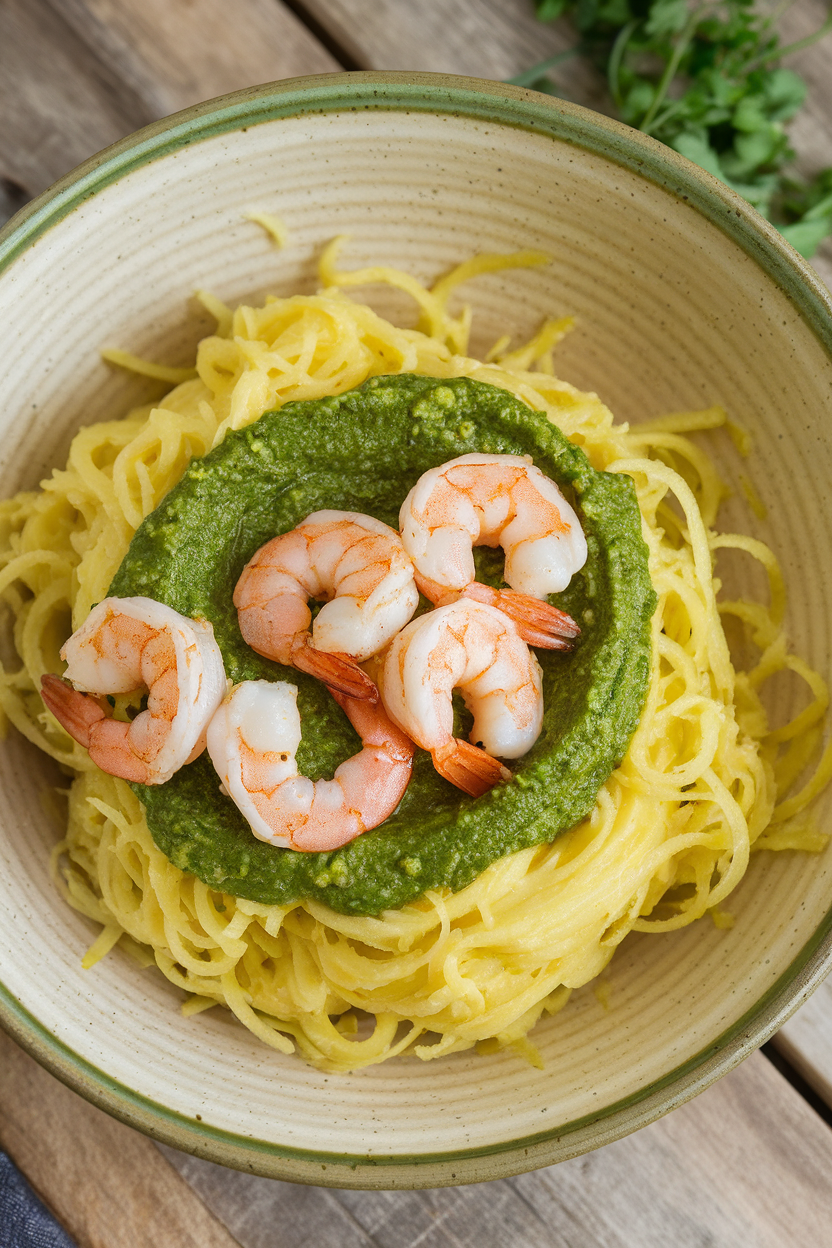 Photo of spaghetti squash strands tossed with pesto and sautéed shrimp, indoor ceramic bowl. No text or logos.</Prompt