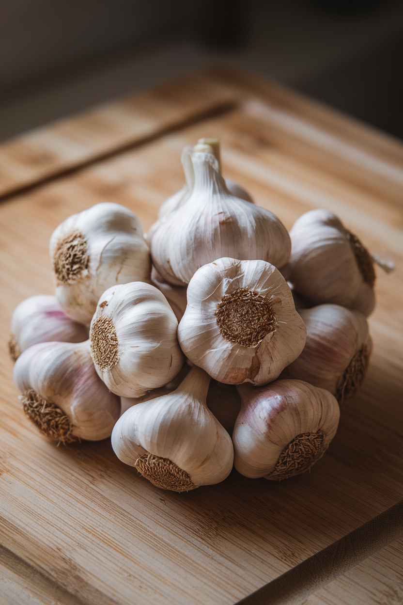 A bundle of garlic bulbs sitting on a wooden cutting board indoors, papery skins catching gentle light, no text or logos, photo.