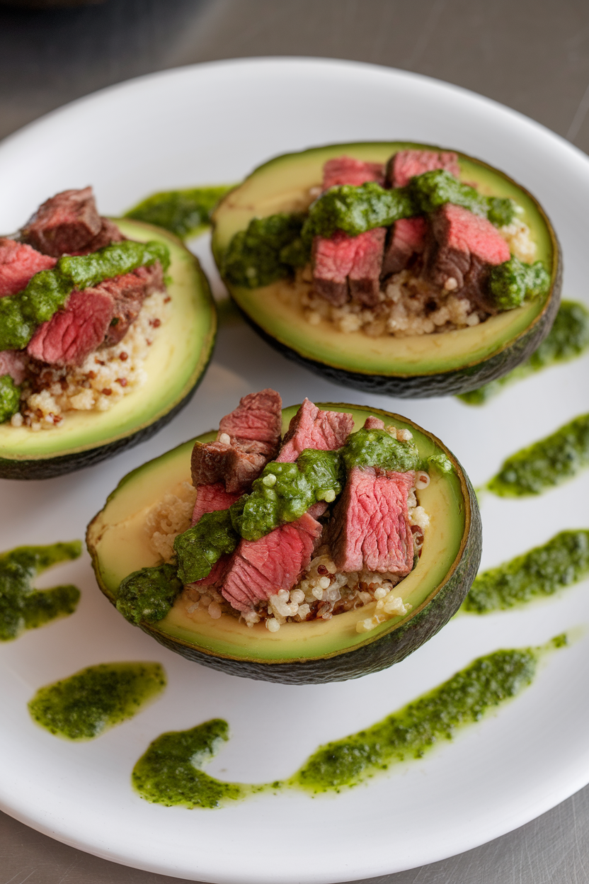 Indoor plate with halved avocados filled with quinoa and chopped steak, drizzled in green chimichurri. No text or logos; photo.