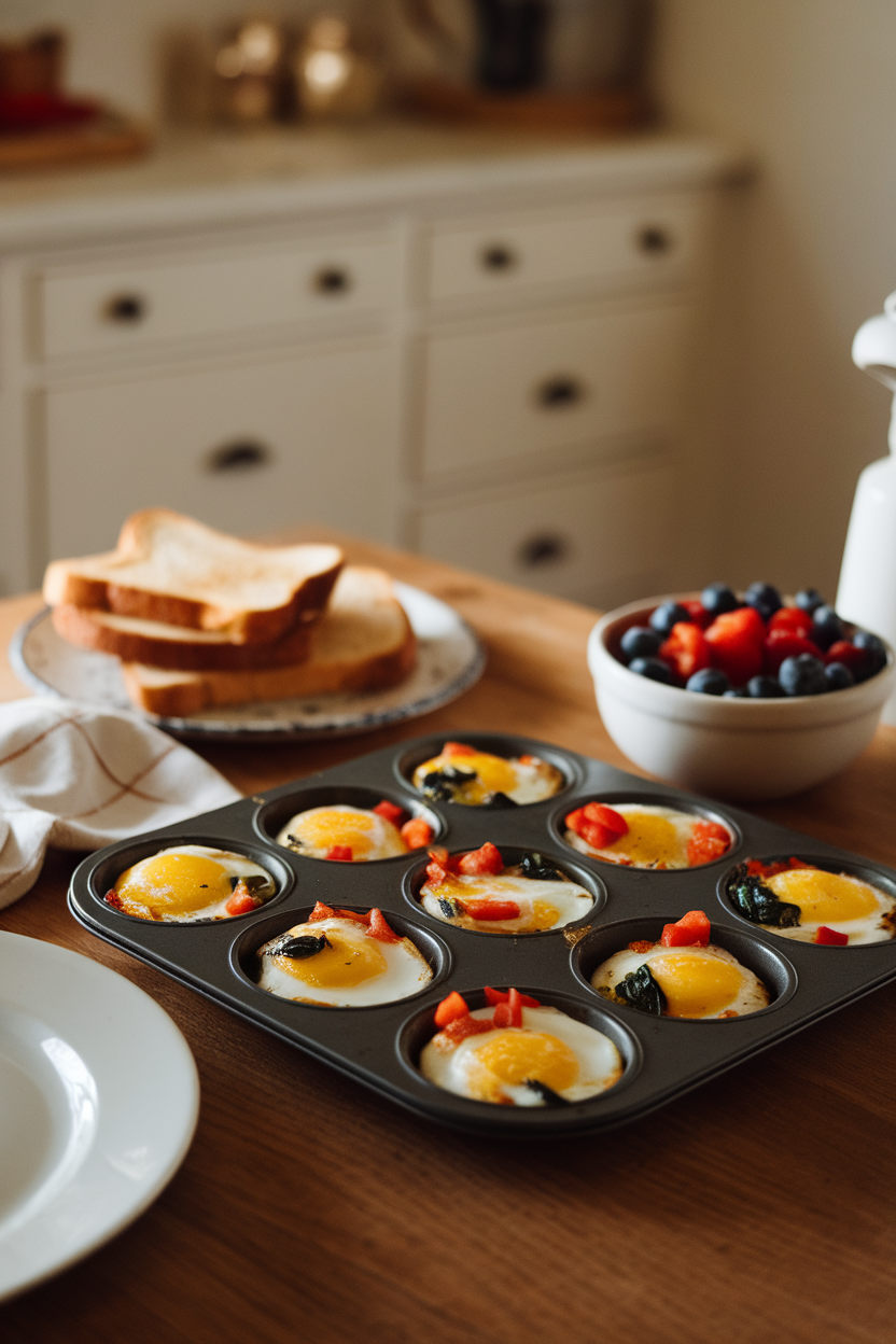 Warmly lit indoor table showing a muffin tin filled with baked egg cups dotted with spinach, diced bell peppers, and tomatoes; no text or logos in the scene, photo style.