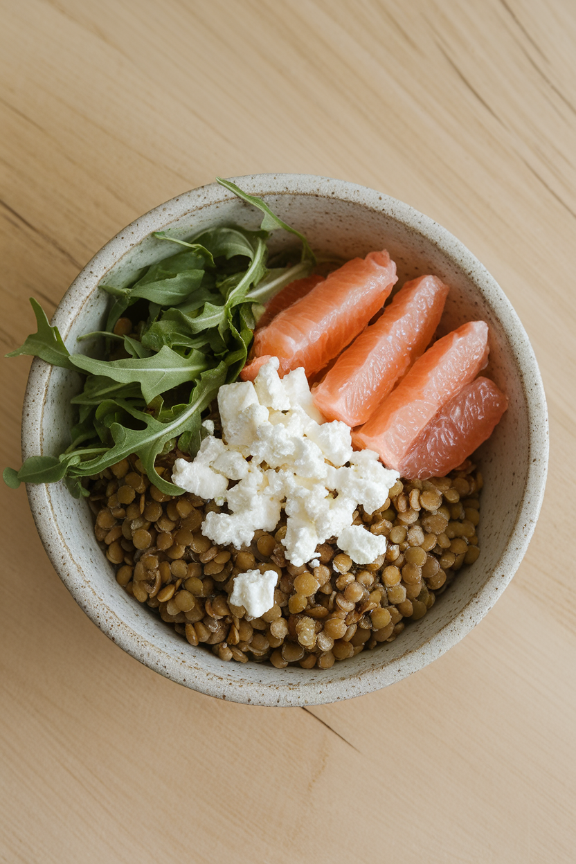 Indoor photo of green lentils, arugula leaves, grapefruit segments, and goat cheese crumbles in a shallow stoneware bowl. Overhead lighting, no text or logos.