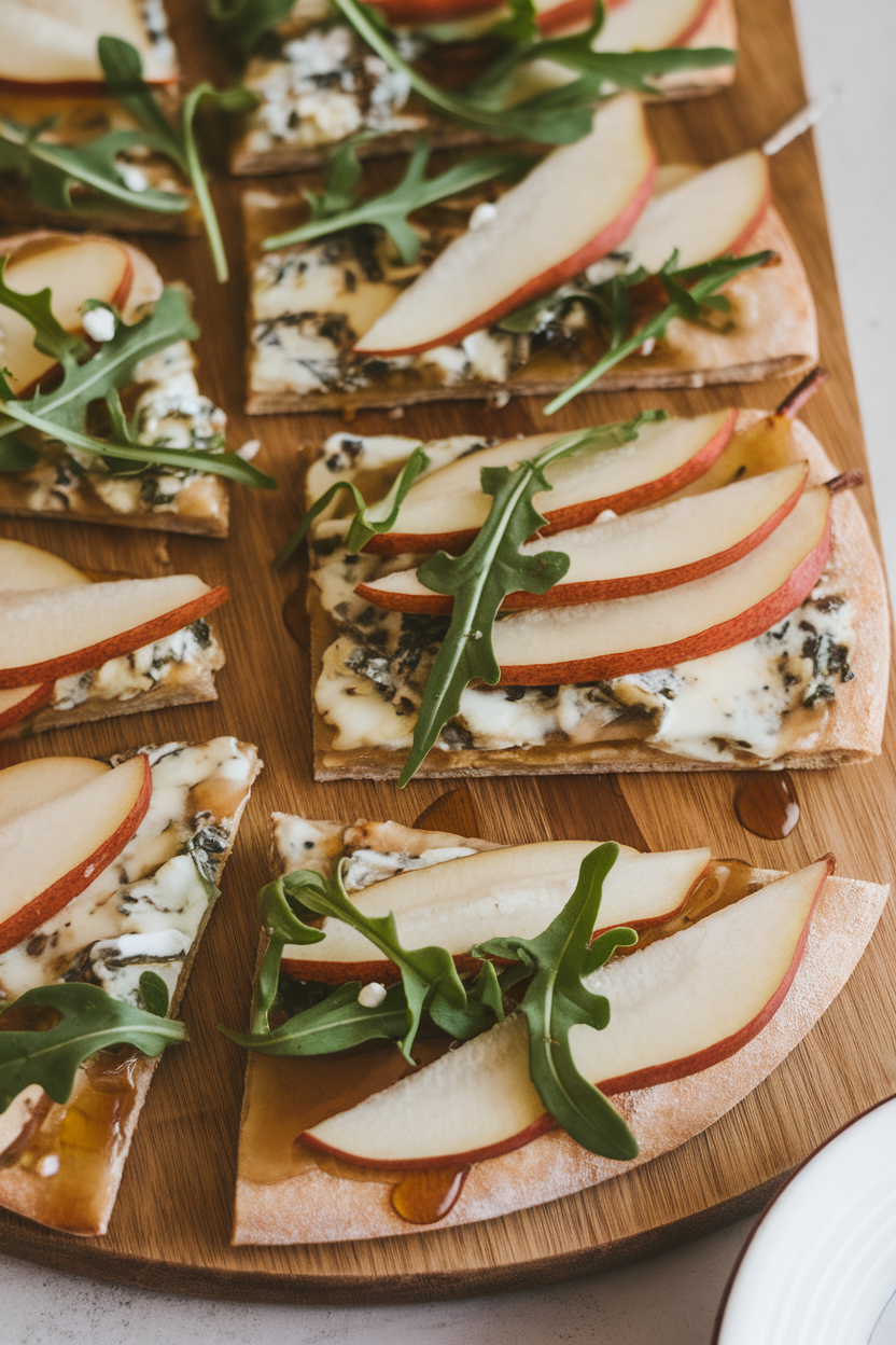 A wooden board indoors displaying sliced flatbread topped with thin pear slices, melted gorgonzola, arugula, and honey drizzle, no text or logos.