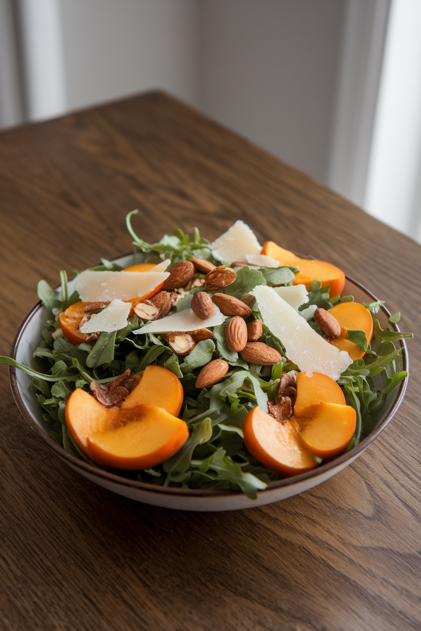 Indoor dining table with a salad bowl of arugula, sliced ripe persimmons, toasted almonds, and shards of Parmesan, lightly dressed. No text or logos.