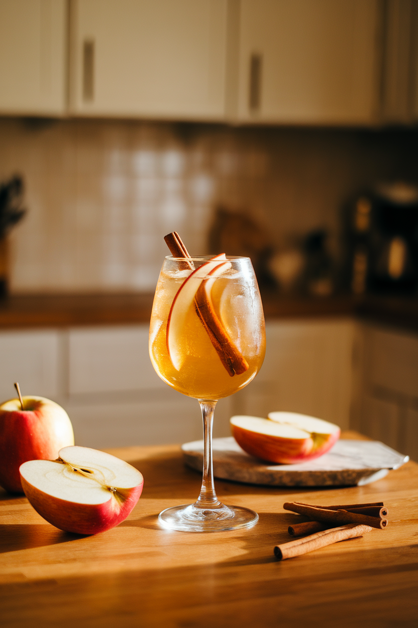 A warmly lit indoor kitchen counter with a stemless wine glass filled with golden apple-cider cocktail, cinnamon stick inside, and thin apple slices floating. No text or logos; photograph, not illustration.