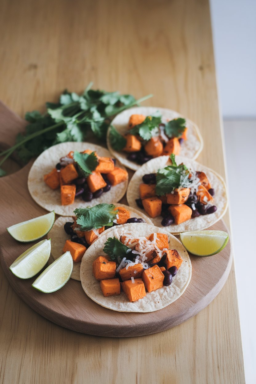An indoor taco board with small corn tortillas filled with roasted sweet potato cubes, black beans, and cilantro. Photo, no text or logos.