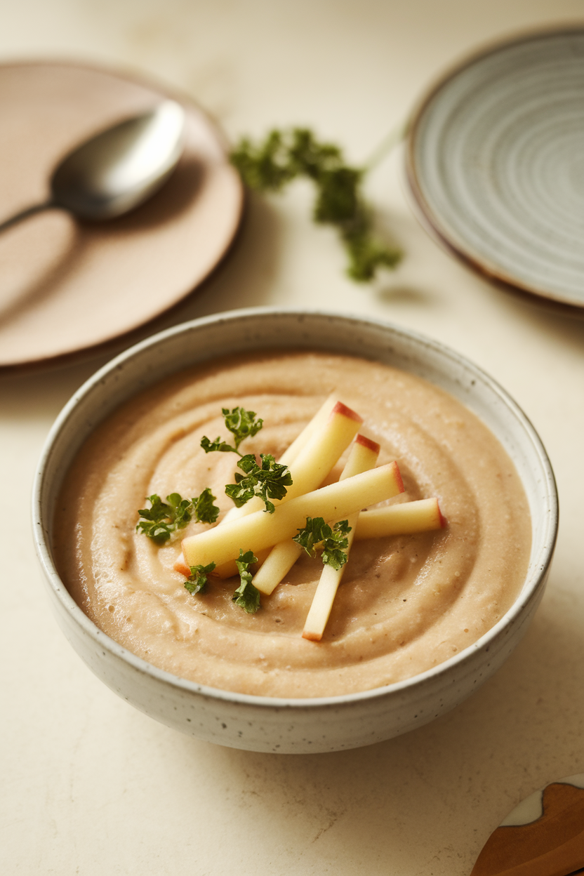 Indoor photo of creamy pale soup in a bowl topped with thin apple matchsticks and parsley. No text or logos.