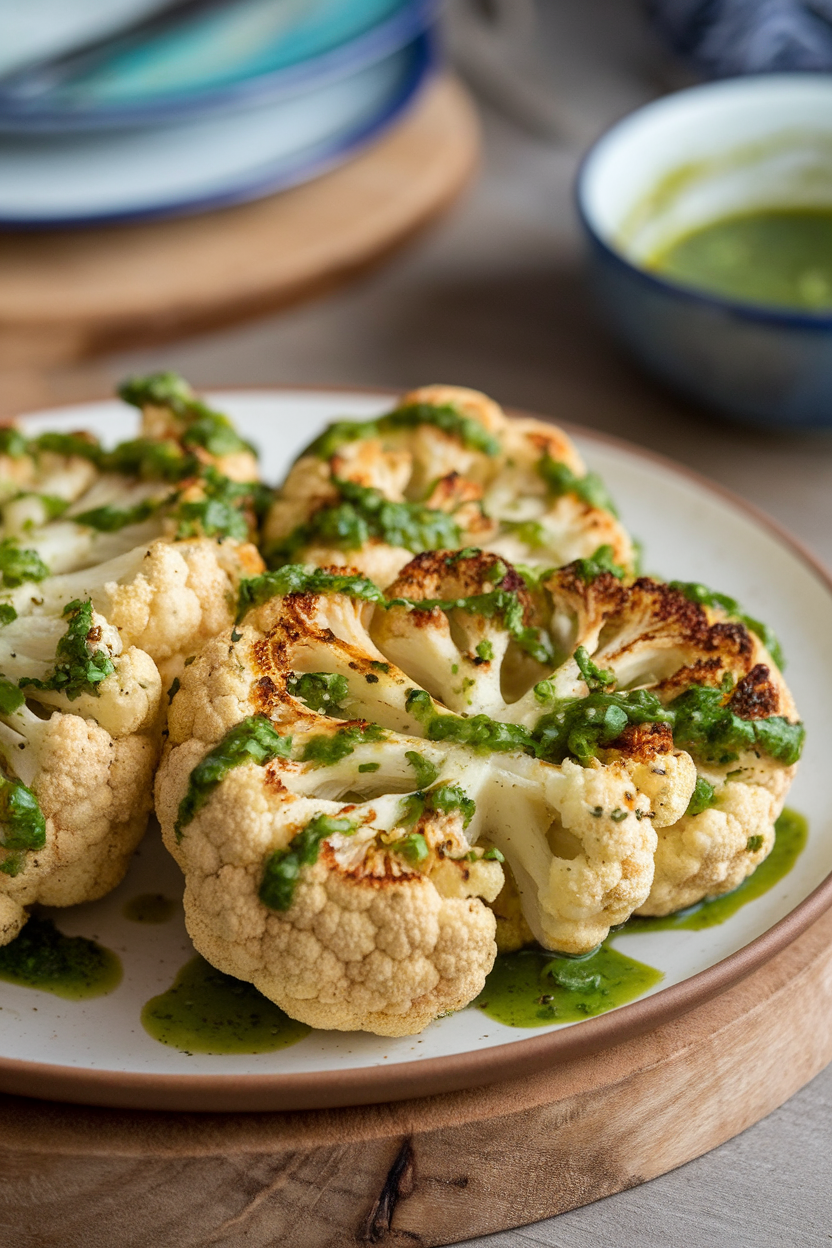 Indoor plate showing thick roasted cauliflower “steaks” drizzled generously with vibrant green chimichurri. No text or logos. Photo only.