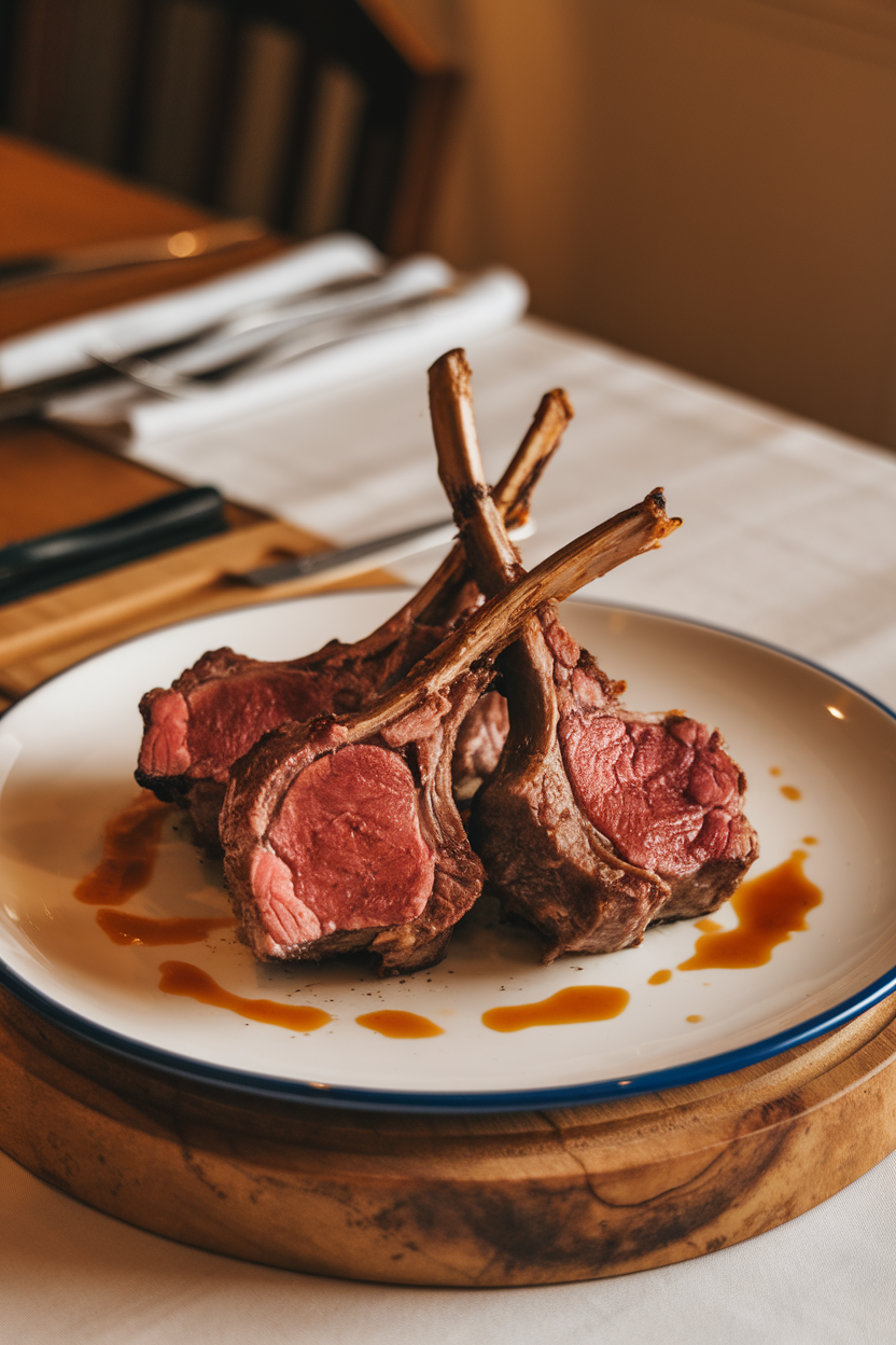 Plate of cooked lamb chops with charred edges, yogurt marinade caramelized, indoor dining table, no text or logos.