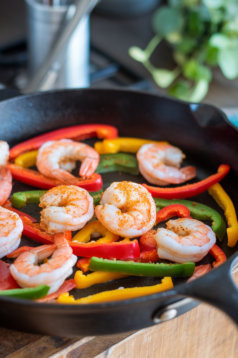 An indoor skillet showcasing juicy shrimp and colorful bell pepper strips coated in Cajun seasoning. No text or logos. Photo only.