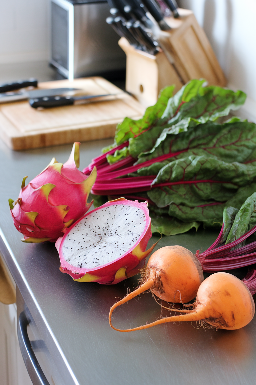 Photo of a vibrant indoor kitchen counter displaying dragon fruit, rainbow chard, and golden beets waiting to be prepped. No text or logos.