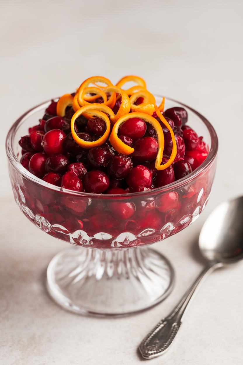 Indoor condiment dish of vibrant cranberry relish with orange zest curls on top, spoon beside. No text or logos. Photo only.
